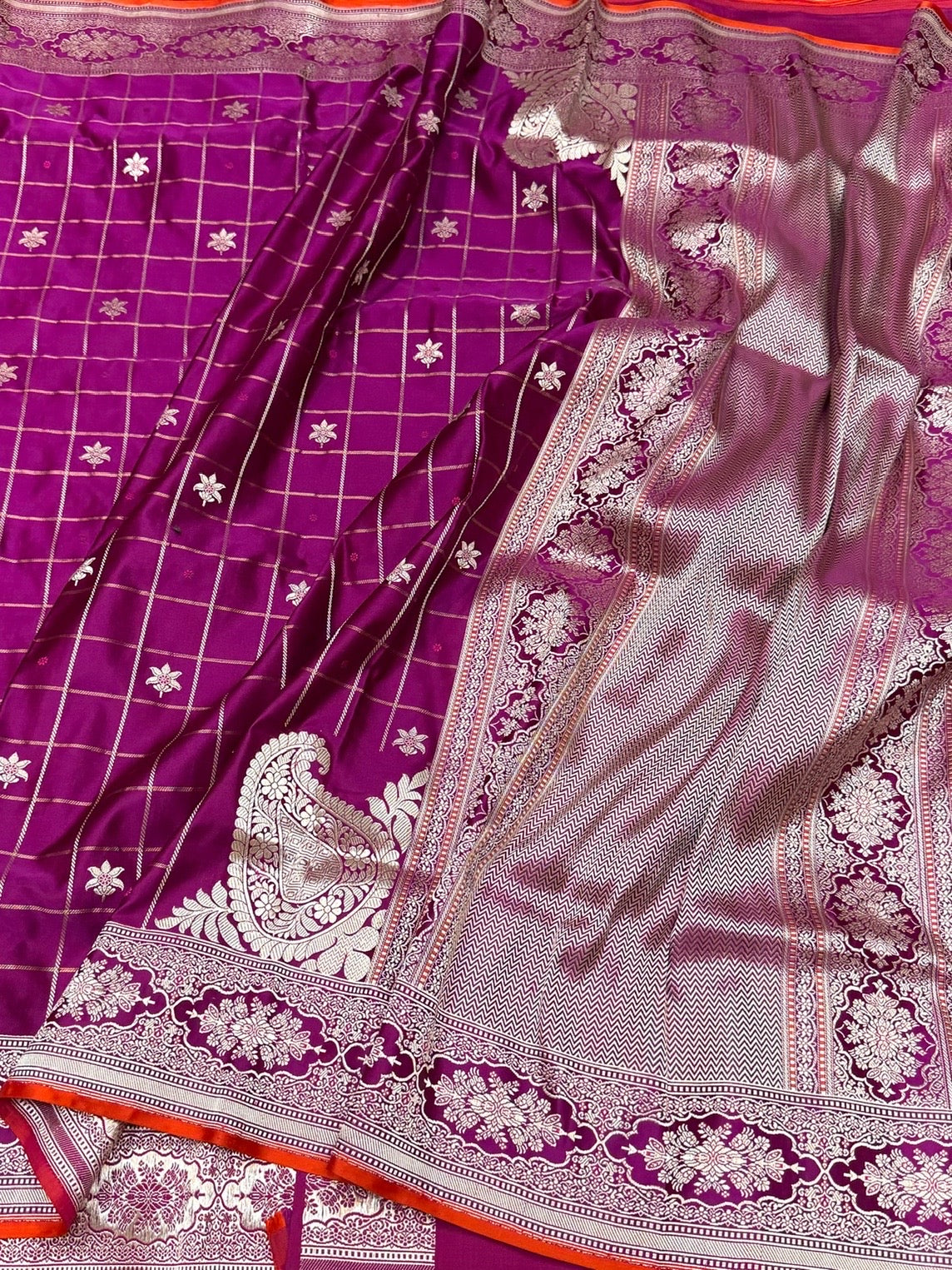 Magenta Pink Handwoven Pure Banarasi Satin Silk Saree