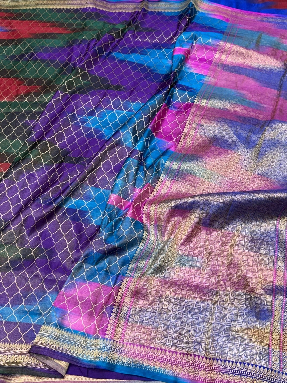 Rainbow Handwoven Pure Banarasi Satin Tanchoi Silk Saree