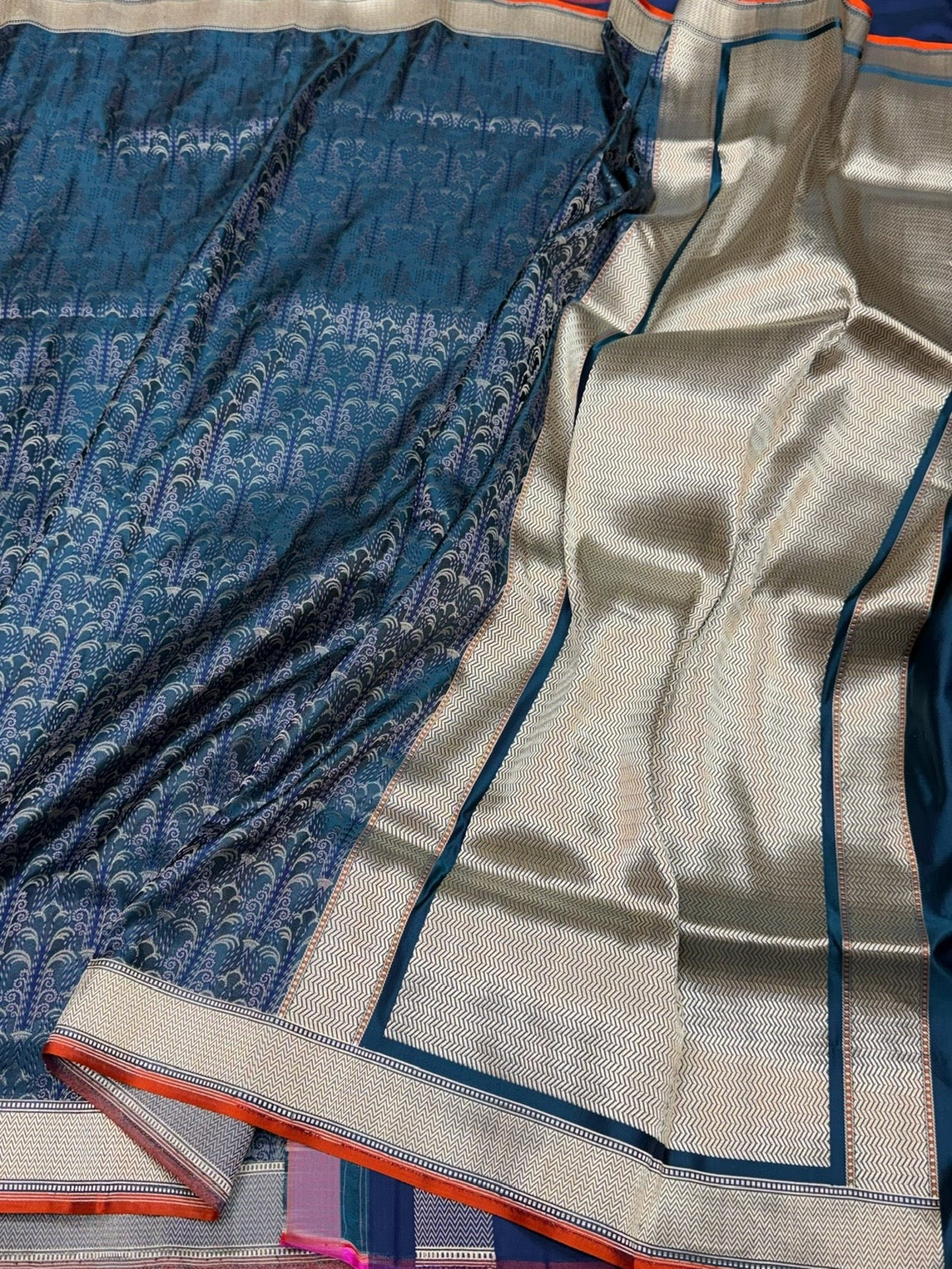 German Blue Handwoven Pure Banarasi Satin Tanchoi Silk Saree – Luxurious Satin Silk with Kadwa Weave