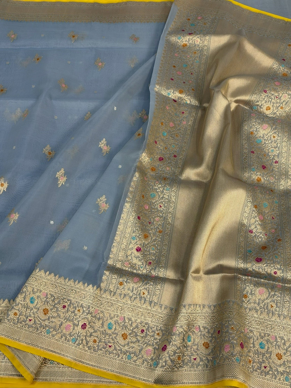 Bluish Grey Handwoven Pure Organza Silk Saree