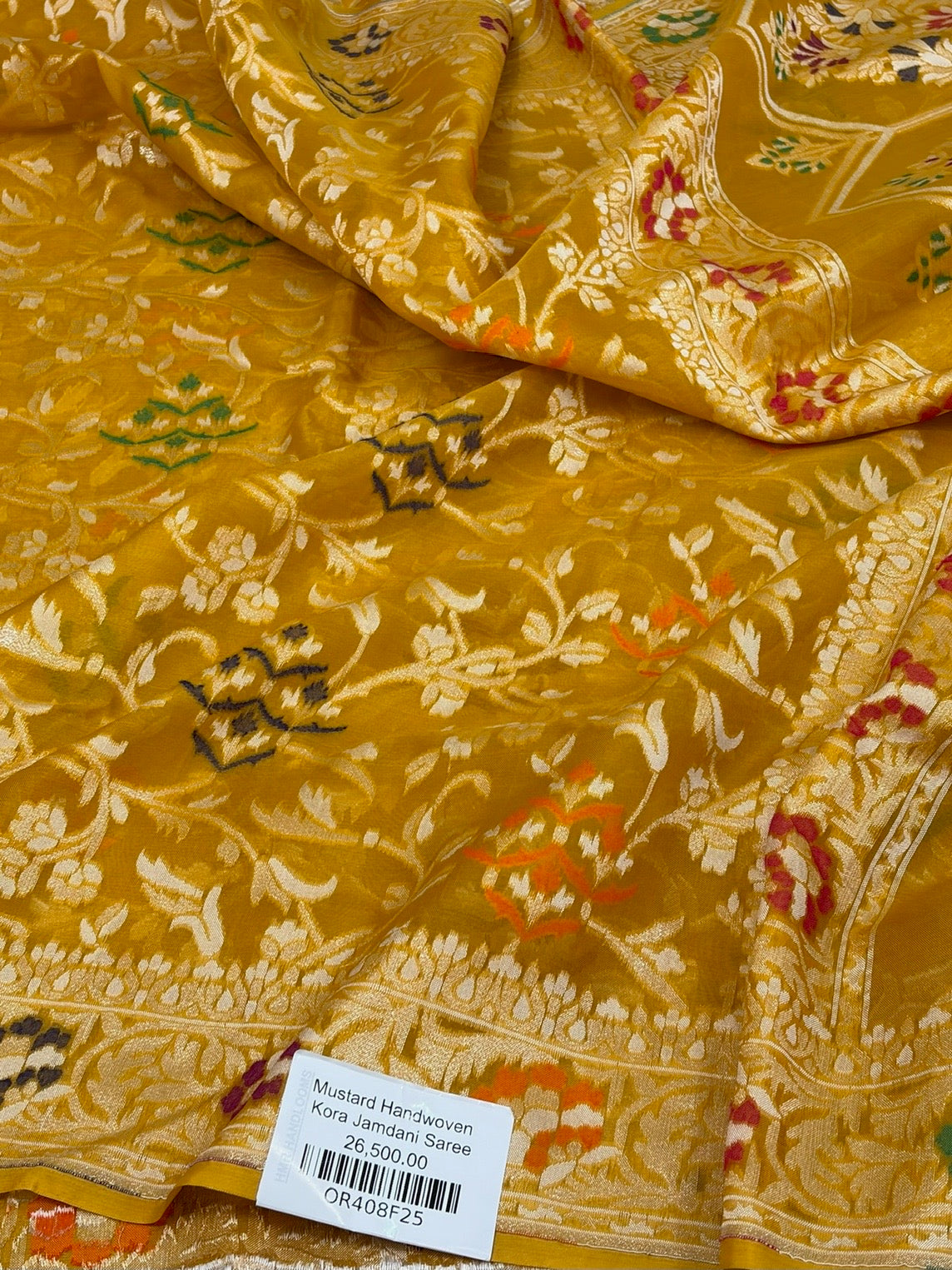 Mustard Yellow Banarasi Pure Kora Jamdani Saree