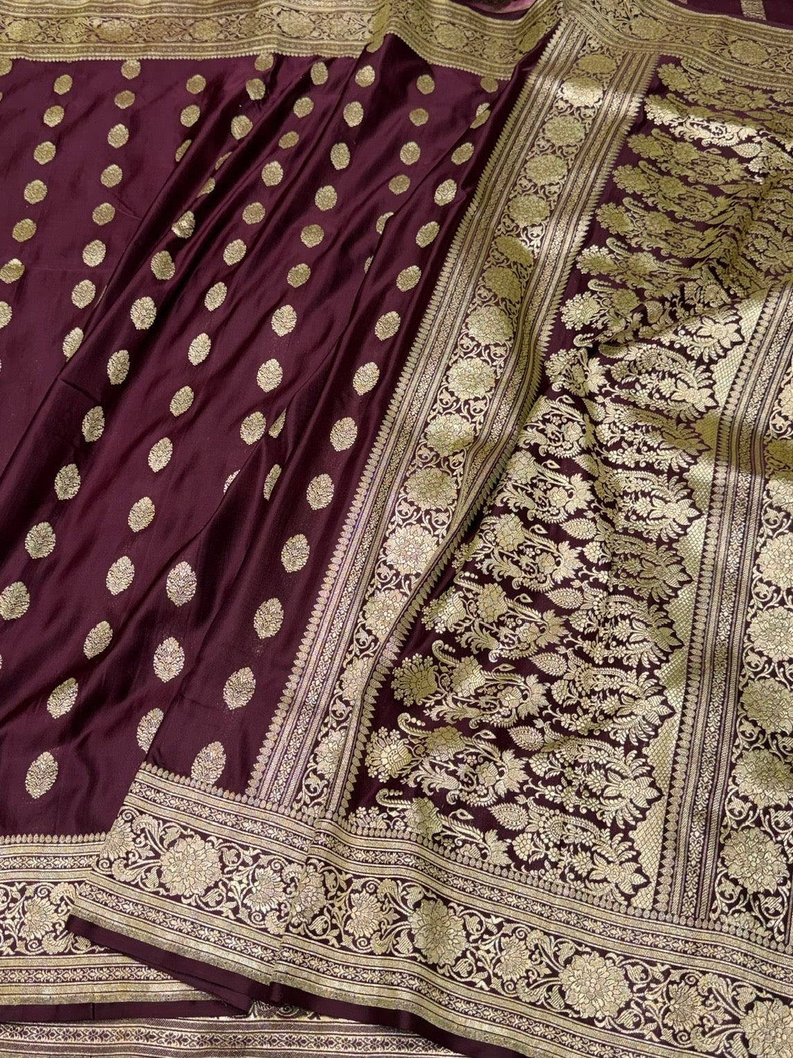 Wine Handwoven Vintage Pure Banarasi Satin Silk Saree
