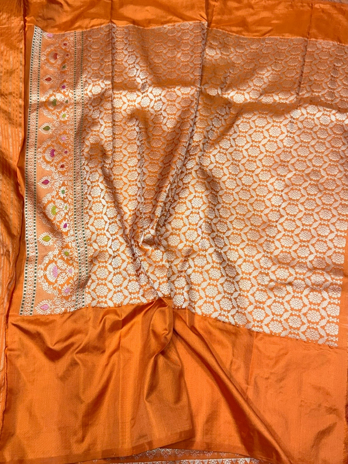 Chiku & Orange Handwoven Pure Banarasi Ektara Silk Saree – Kadwa Iktara Weave, Pure Mulberry Silk