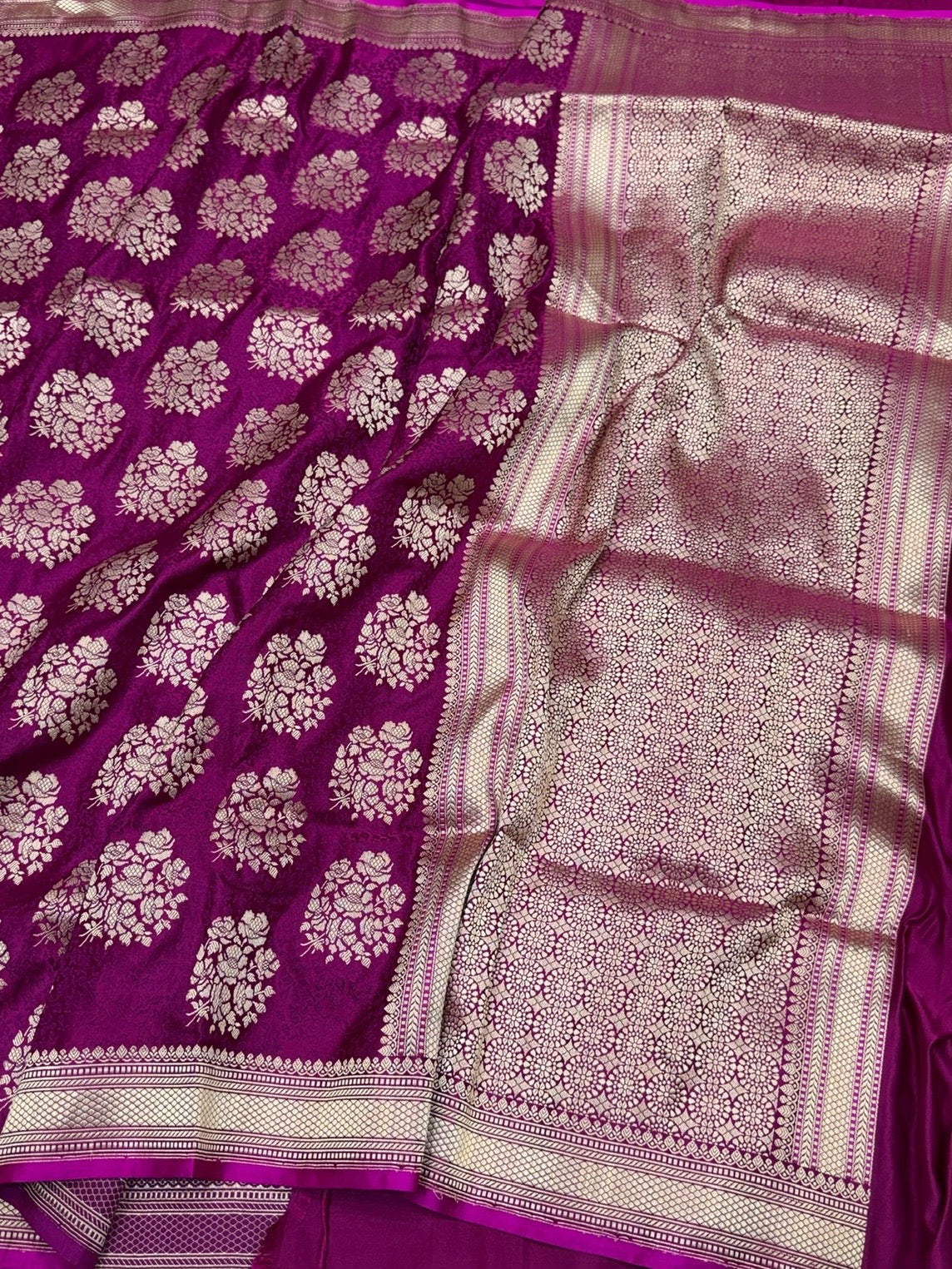 Magenta Pink Handwoven Pure Banarasi Satin Tanchoi Silk Saree – Kadwa Weave | Authentic Banaras Handloom