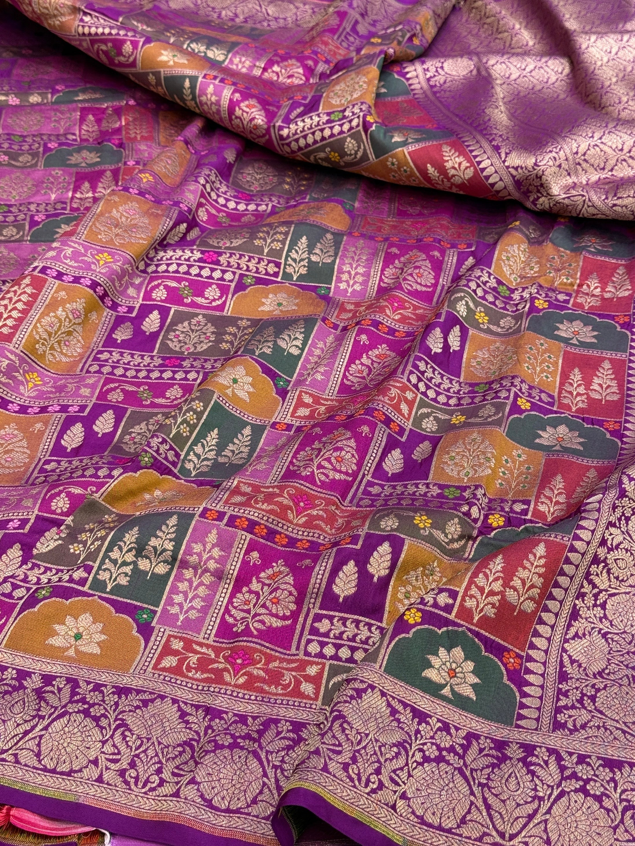 Multicolour Banarasi Pure Silk Saree – Cutwork Weave in 100% Pure Katan Silk
