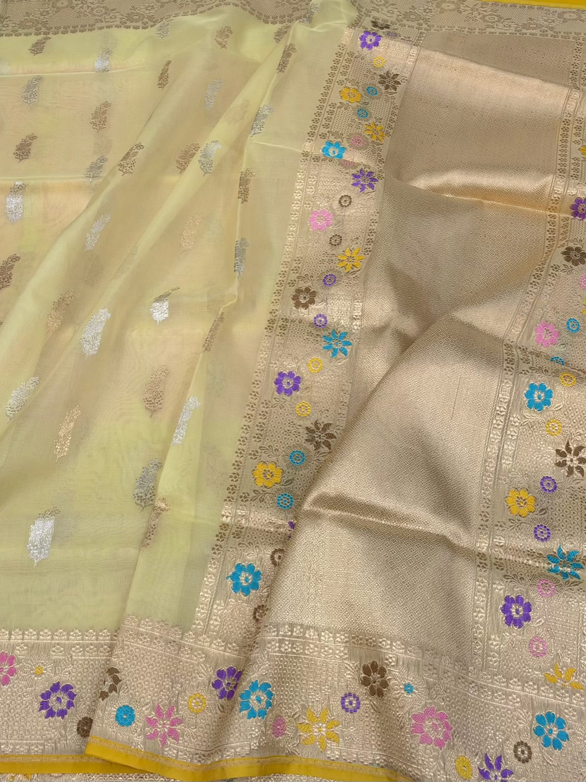 Yellow Handwoven Pure Banarasi Organza Saree