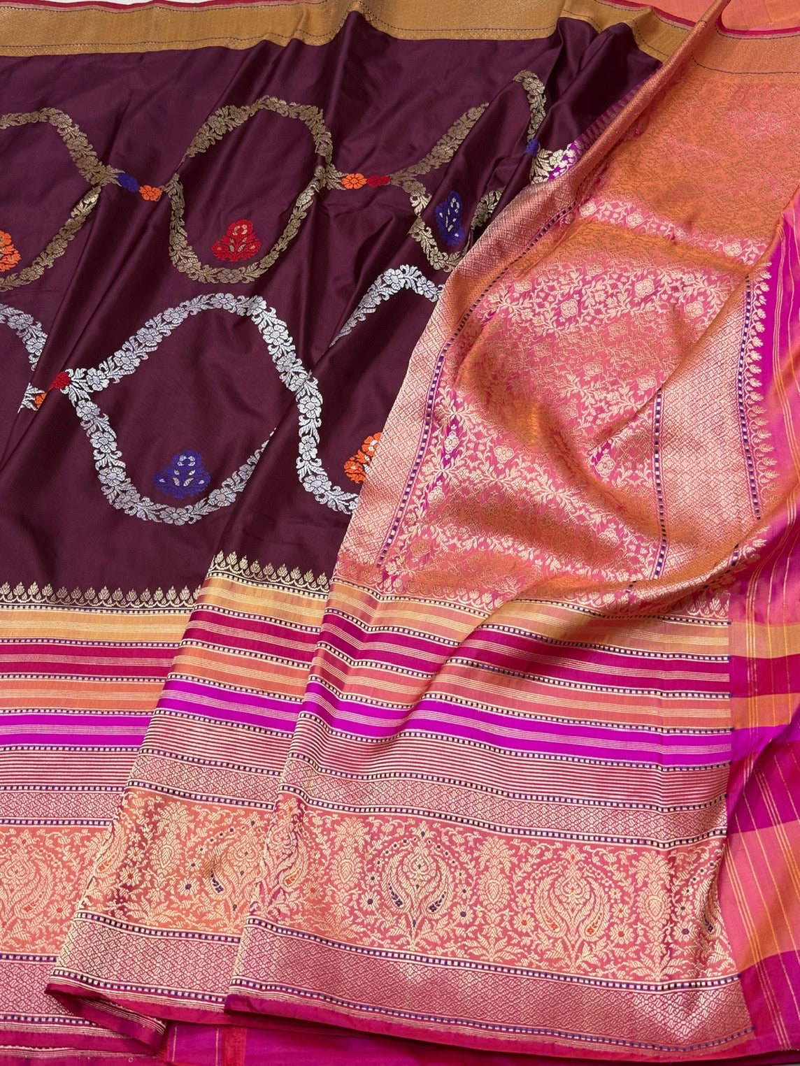 Wine Handwoven Pure Banarasi Ektara Silk Saree