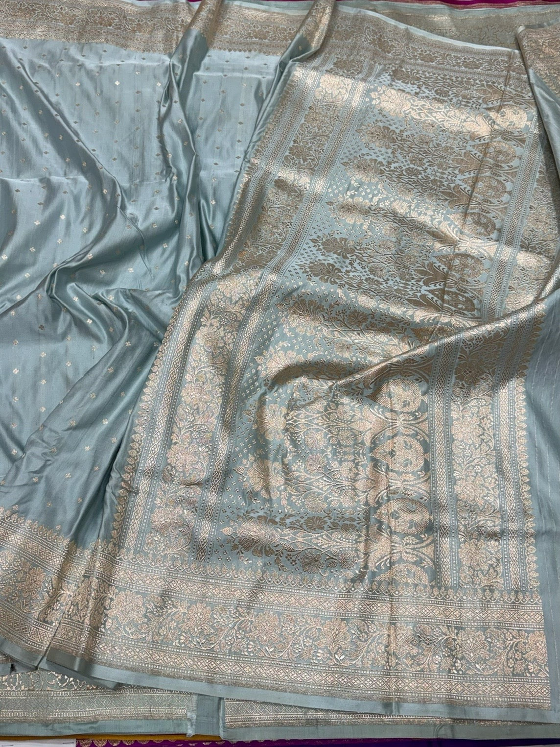 Ash Grey Handwoven Vintage Pure Banarasi Satin Silk Saree