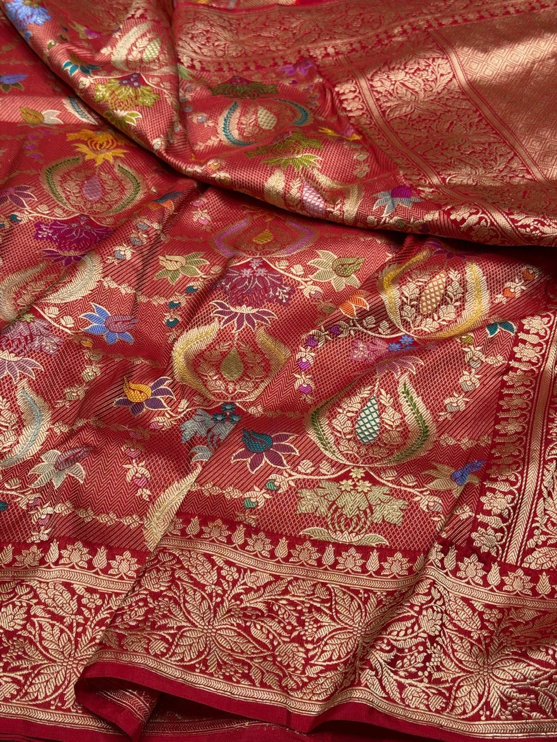 Red Handwoven Banarasi Pure Silk Brocade Saree | Meenakari Katan Silk
