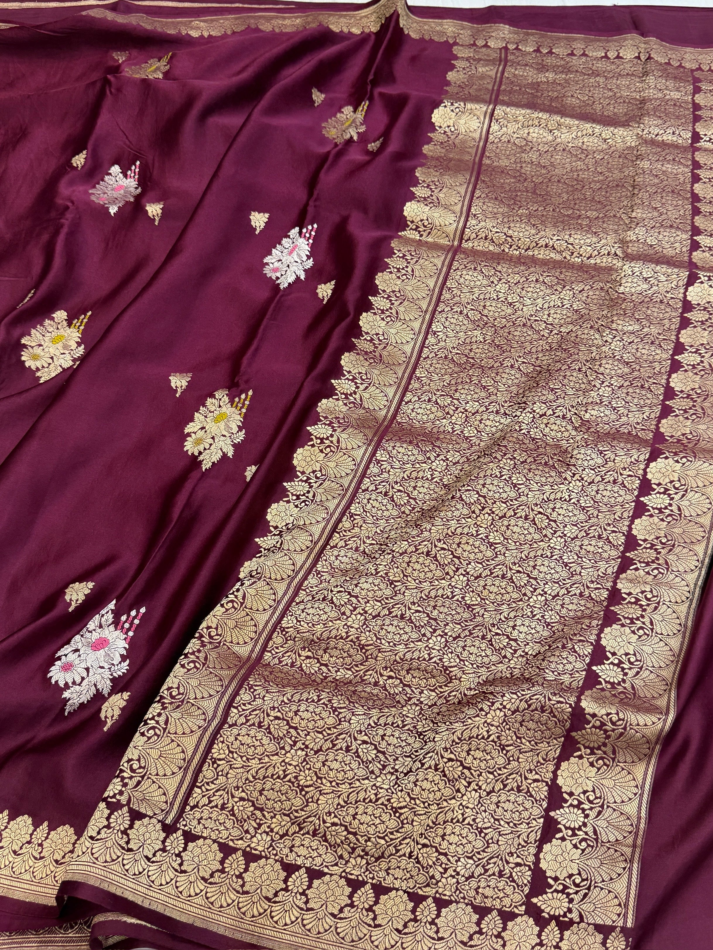 Wine Handwoven Pure Mashru Banarasi Satin Silk Saree