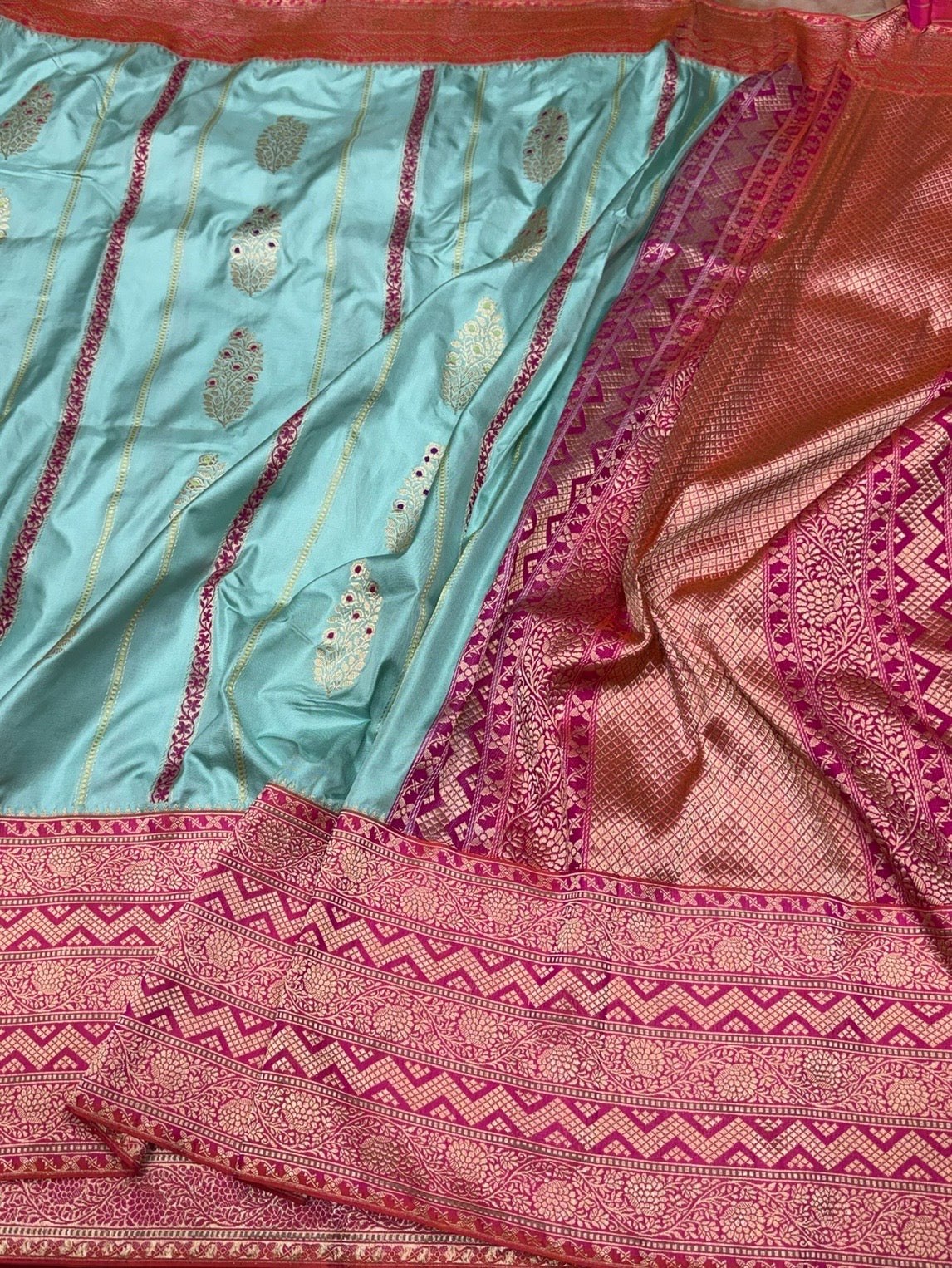 Sea Blue Pure Banarasi Katan Silk Saree – Handwoven Kadwa Booti