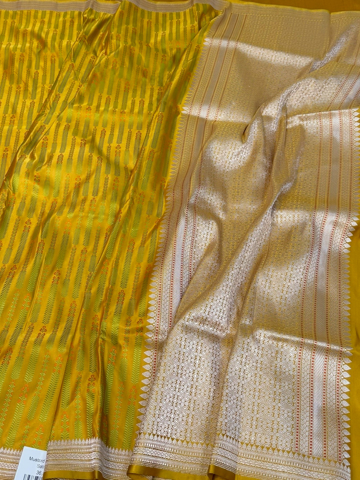 Mustard Yellow Handwoven Pure Banarasi Satin Tanchoi Silk Saree