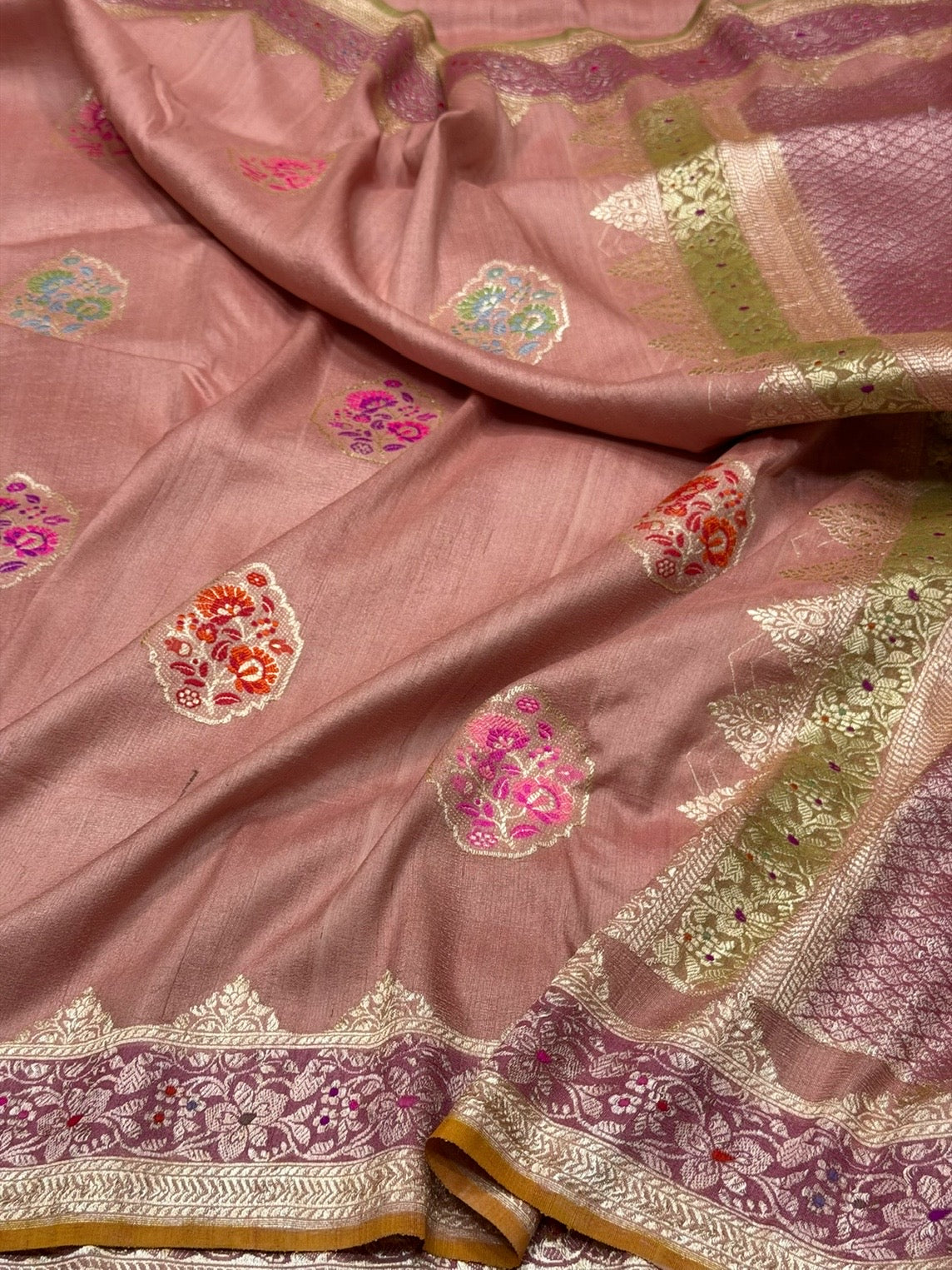 Peach handwoven Pure Tussar Georgette Saree