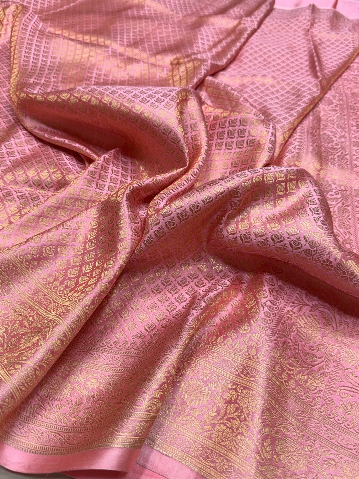 Baby Pink Handwoven Pure Mashru Banarasi Satin Silk Saree