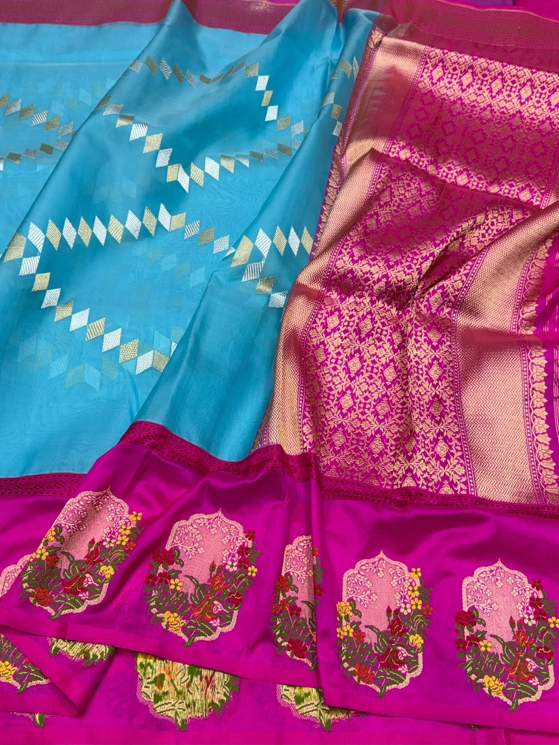 Sky Blue Handwoven Pure Banarasi Ektara Organza Silk Saree – Kadwa Weave in Kora Mulberry Silk