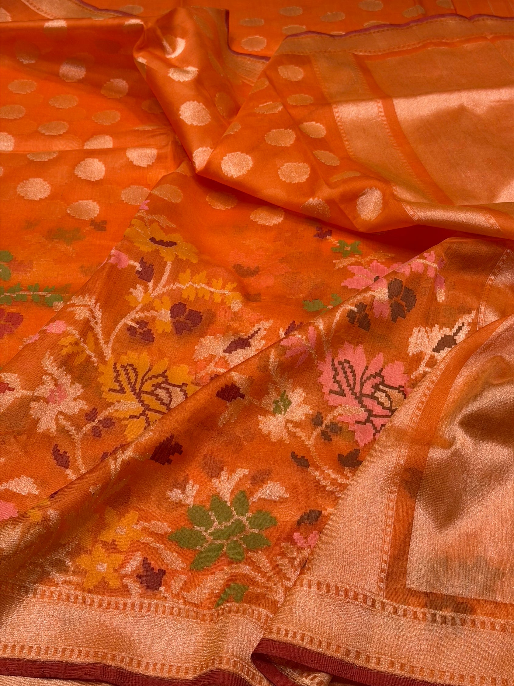 Orange Handwoven Pure Organza Jamdani Saree