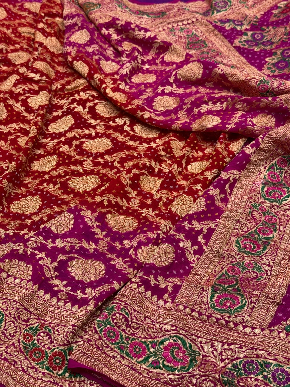 Rani Pink Banarasi Pure Bandhej Georgette Saree – Luxury Cutwork Brocade Festive Saree