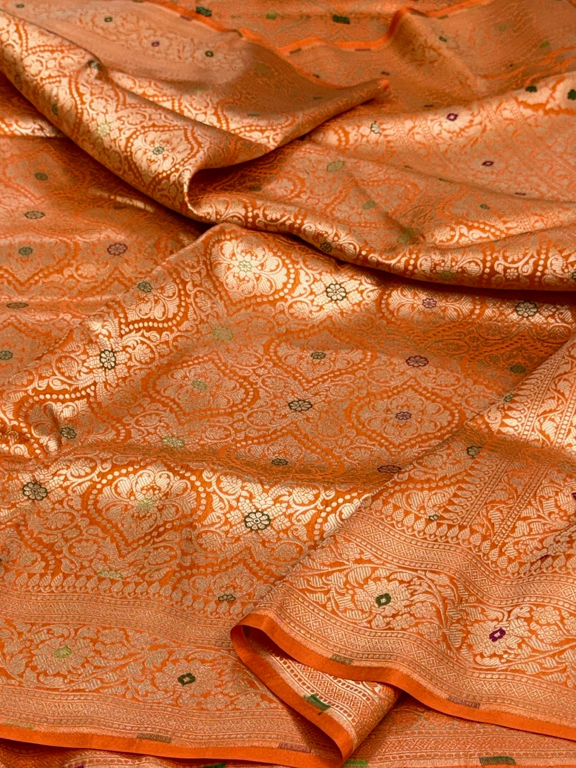 Orange Banarasi Minakari Pure Katan Silk Brocade Saree
