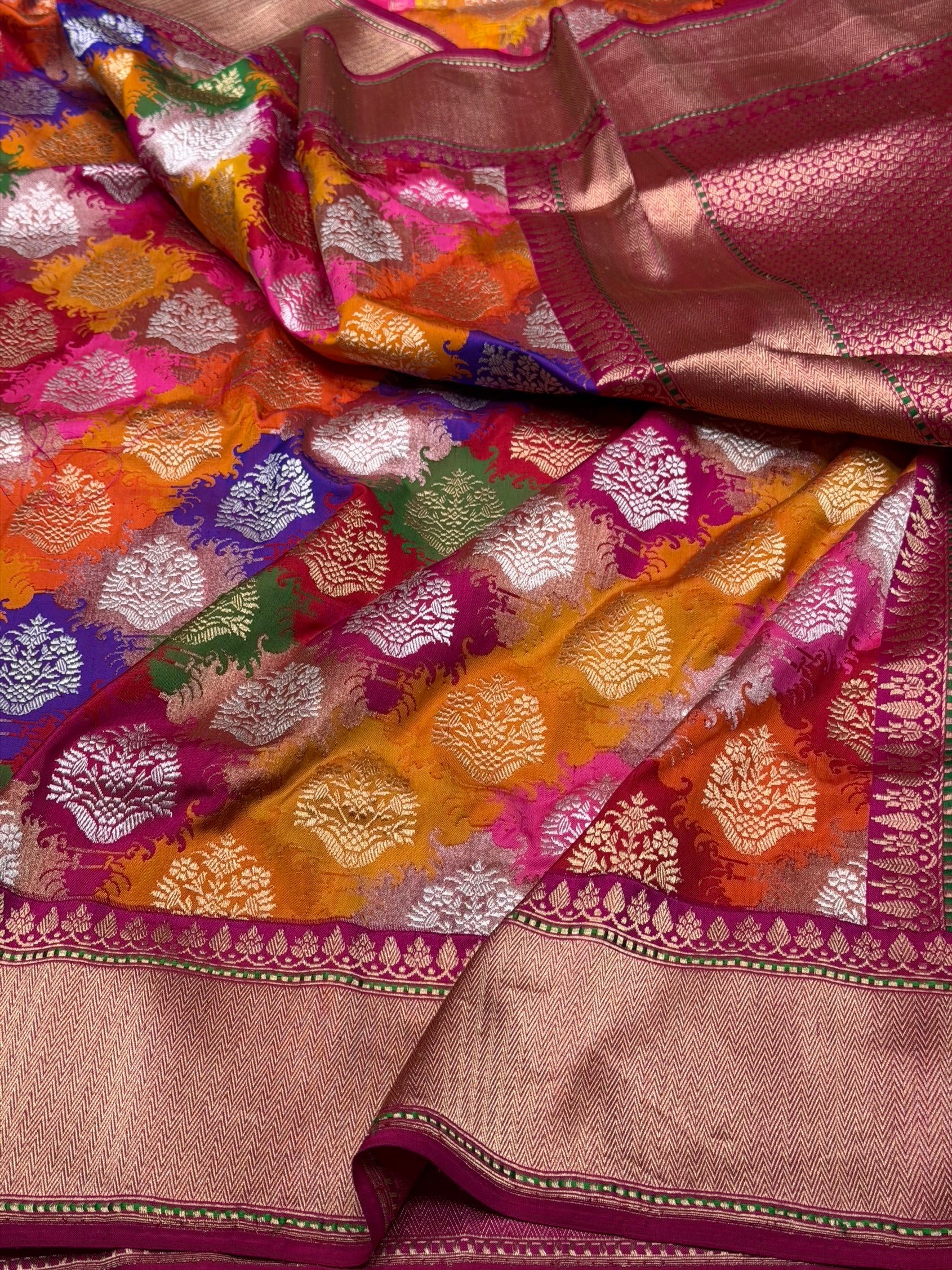 Rani Pink Handwoven Pure Banarasi Rangkaat Silk Saree – Meenakari Design, Pure Katan-Mulberry Silk