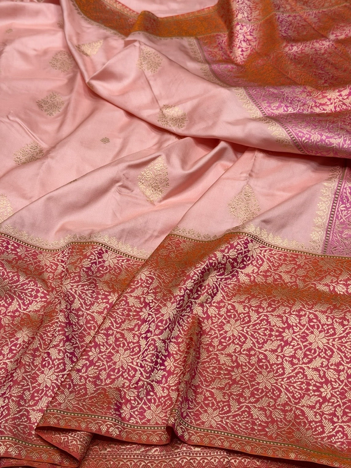Peach Handwoven Pure Banarasi Ektara Silk Saree – Luxury Kadwa Weave