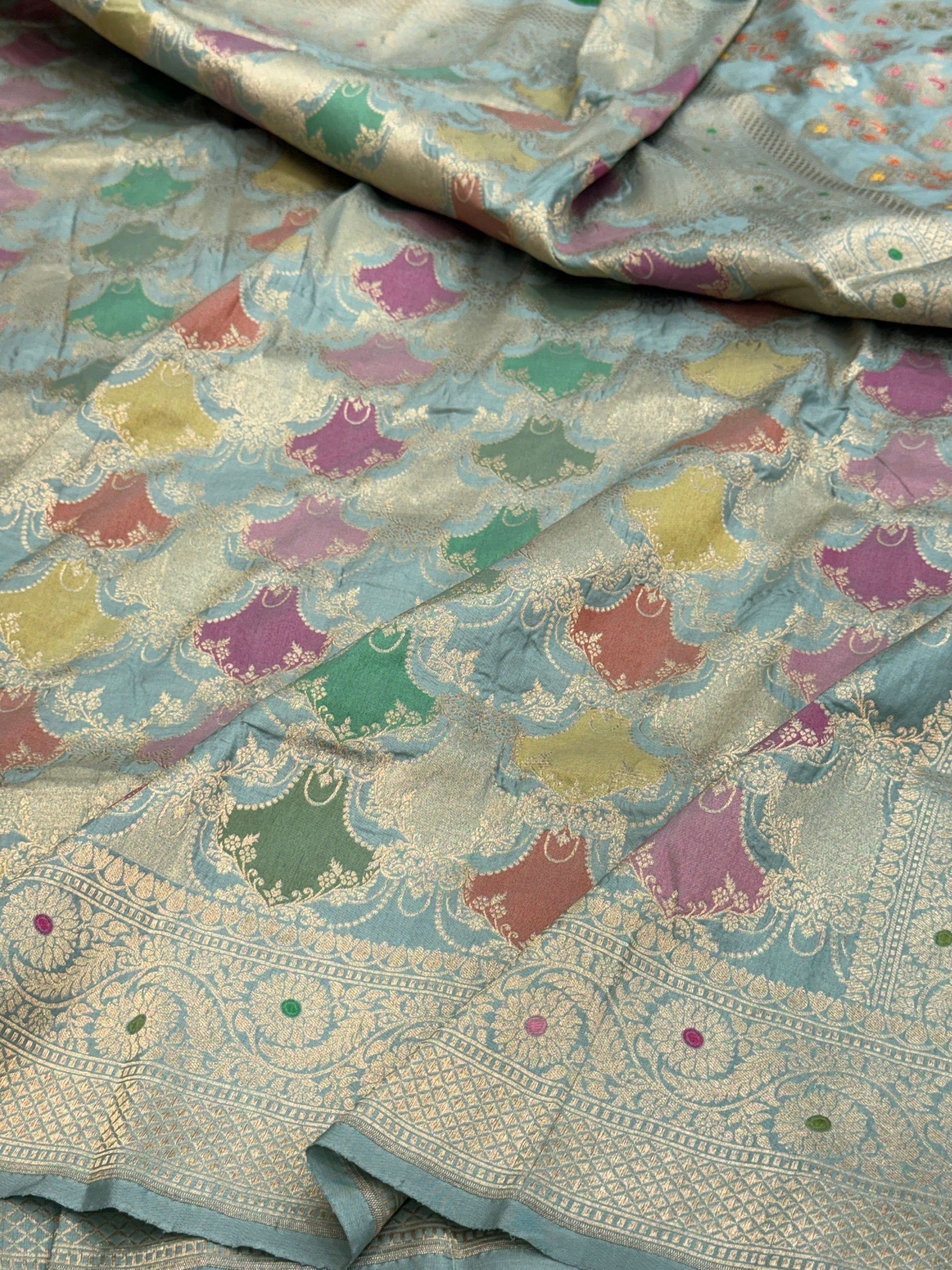 Multicolour Banarasi Pure Silk Saree – Cutwork Weave in 100% Pure Katan Silk