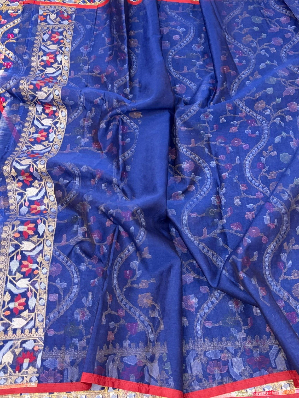 Navy Blue Banarasi Pure Kora Jamdani Saree