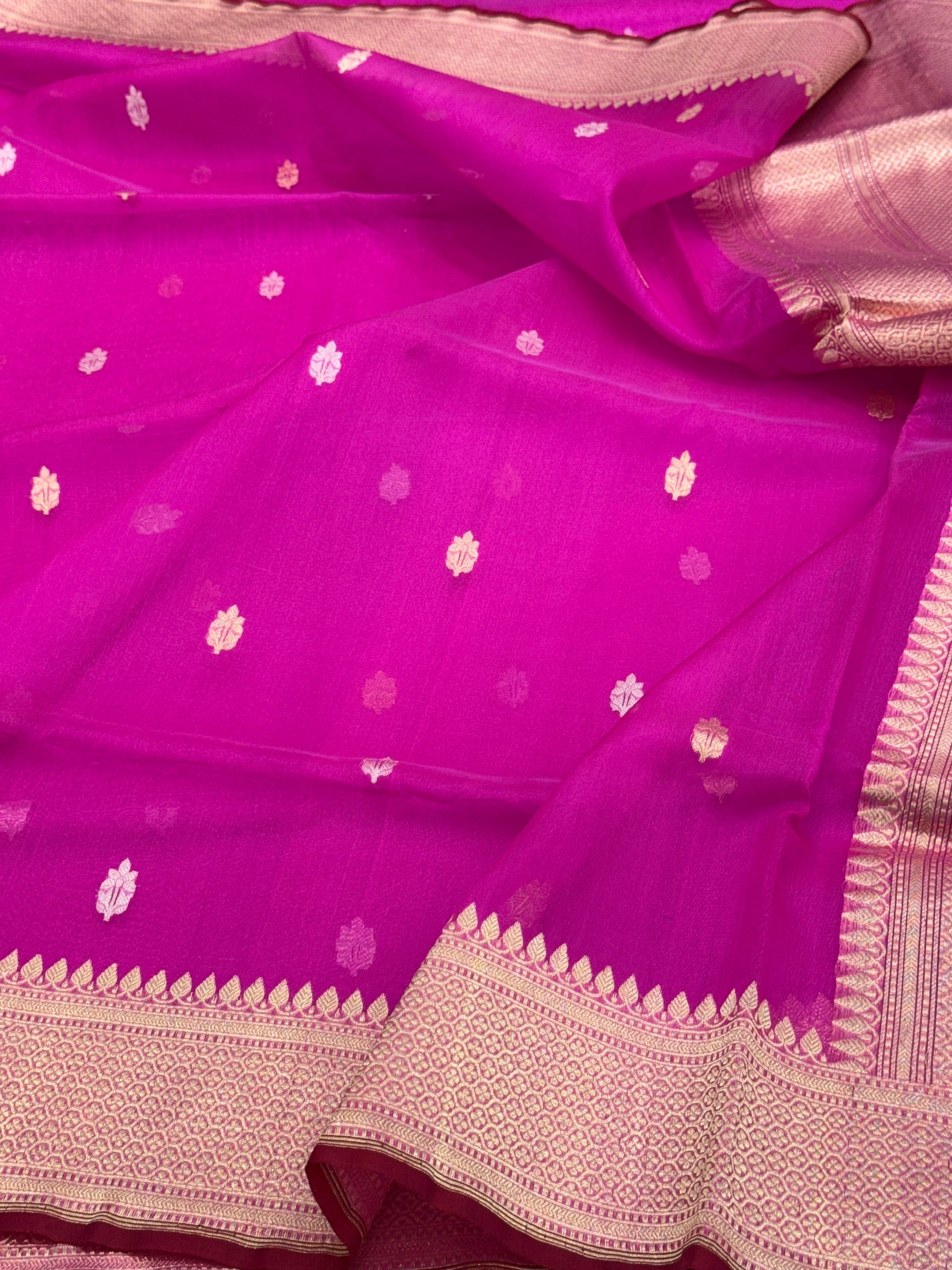 Fluorescent Pink Handwoven Pure Organza Silk Saree