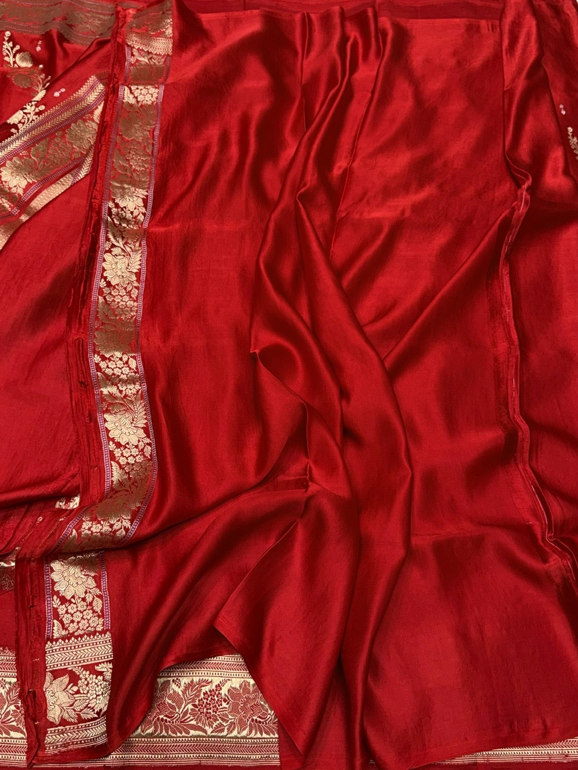 Brick Red Handwoven Pure Mashru Banarasi Satin Silk Saree – Kadwa Weave | Authentic Banaras Handloom