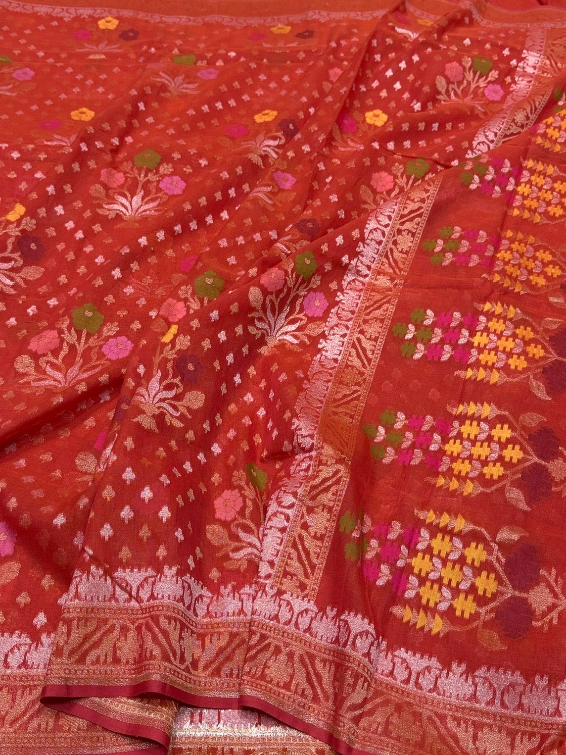 Red Pure Muslin Cotton Jamdani Saree