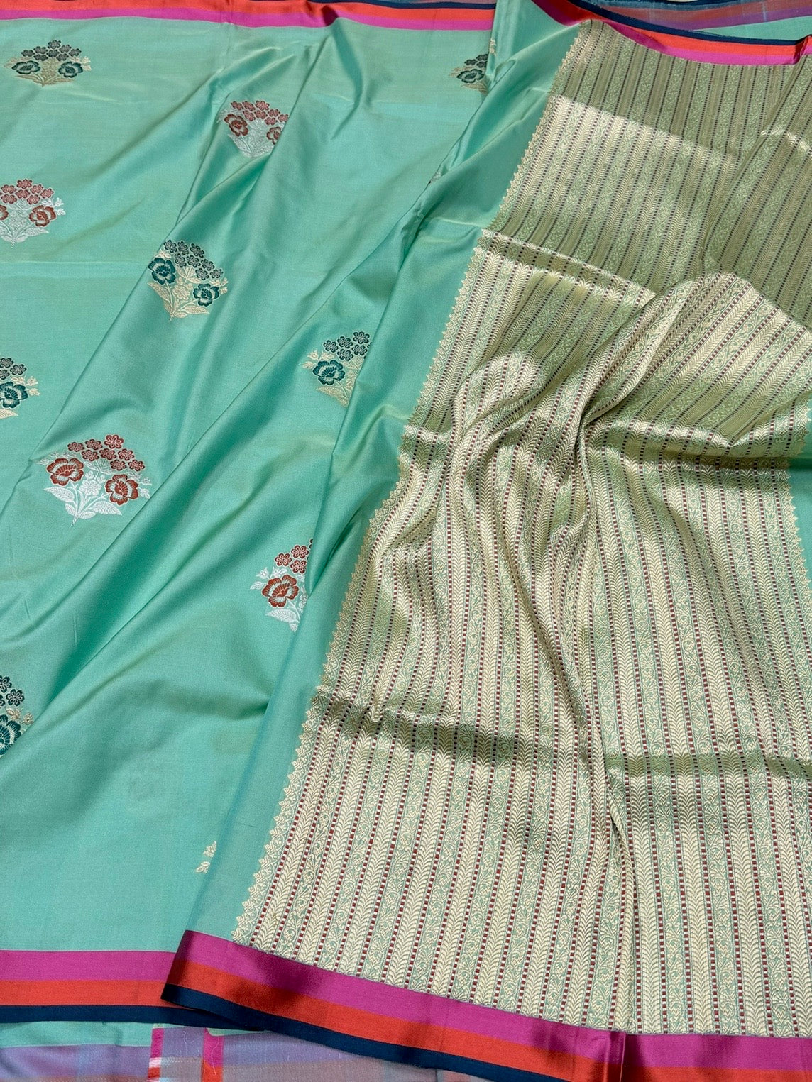 Sea Green Handwoven Pure Banarasi Ektara Silk Satin Border Saree