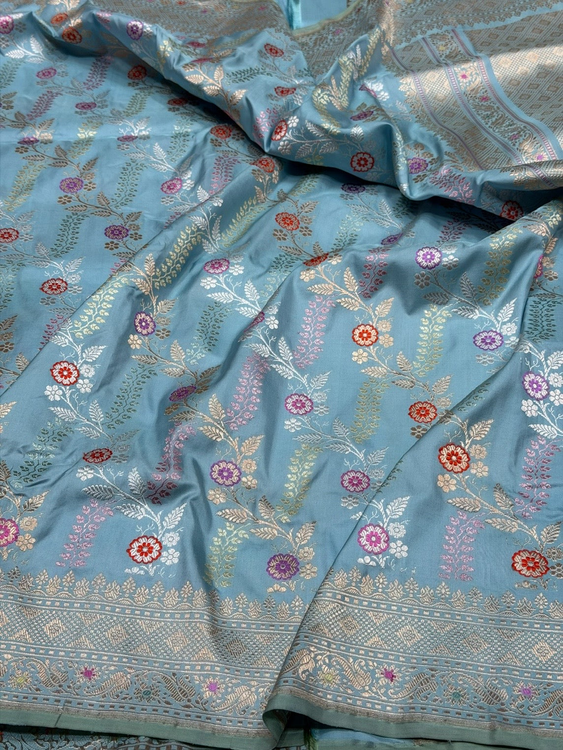 Sky Blue Handwoven Pure Banarasi Silk Saree in Kadwa Weave | Authentic Katan Mulberry Silk