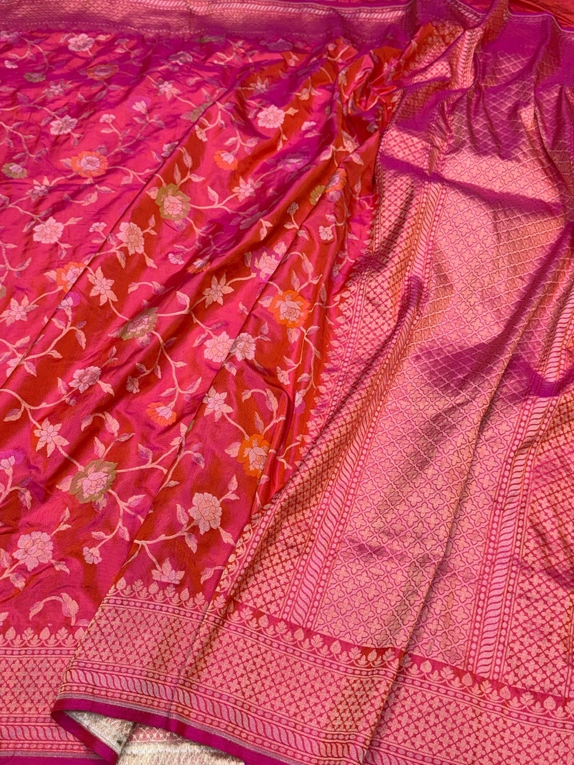 Orangish Pink Handwoven Pure Banarasi Ektara Silk Saree – Authentic Kadwa Weave