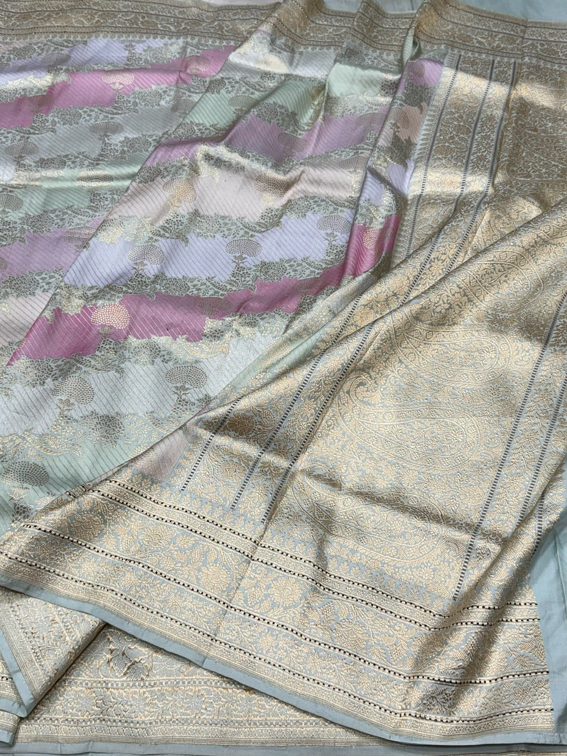 Powder Blue Handwoven Pure Banarasi Rangkaat Silk Saree