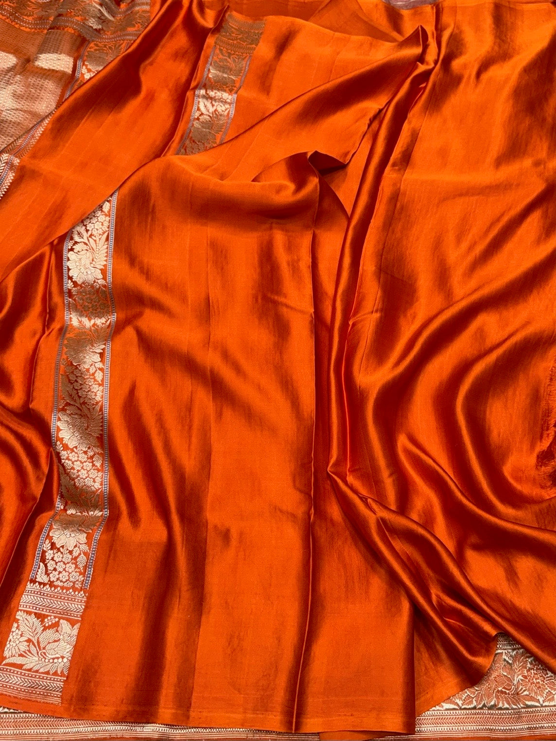 Orange Handwoven Pure Mashru Banarasi Satin Silk Saree – Kadwa Weave | Authentic Banaras Handloom