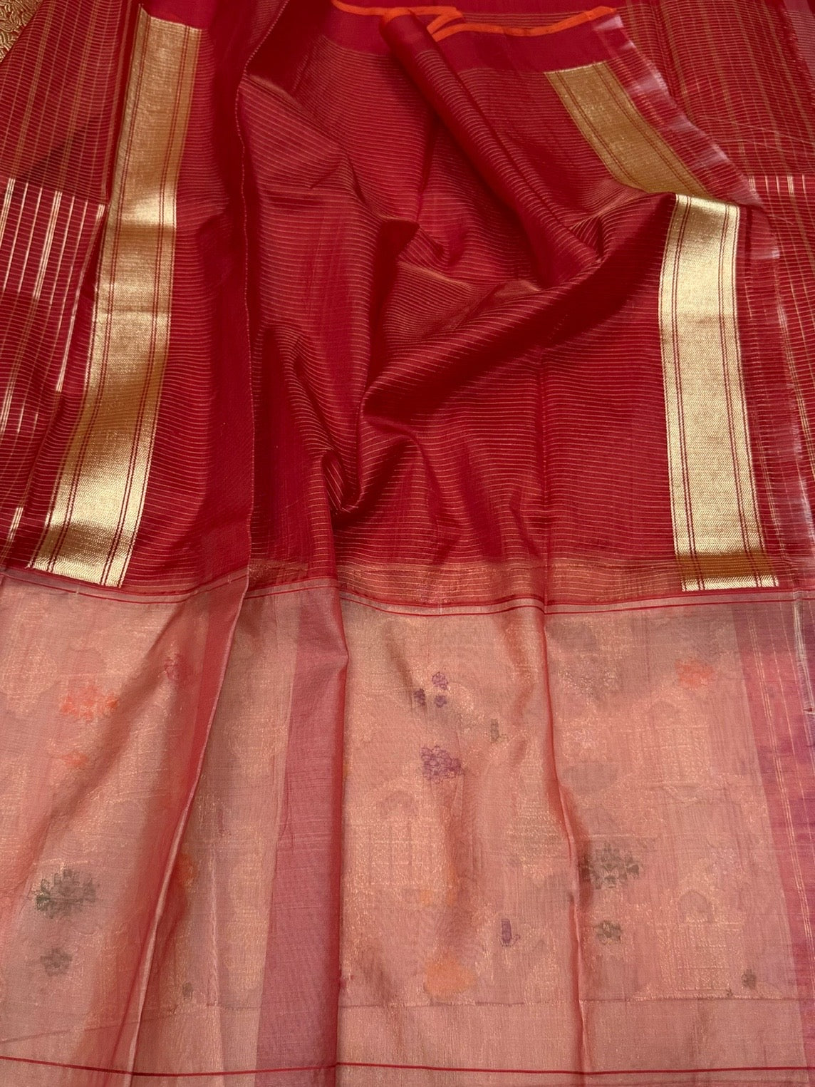 Red Handwoven Pure Organza Tussar Border Saree