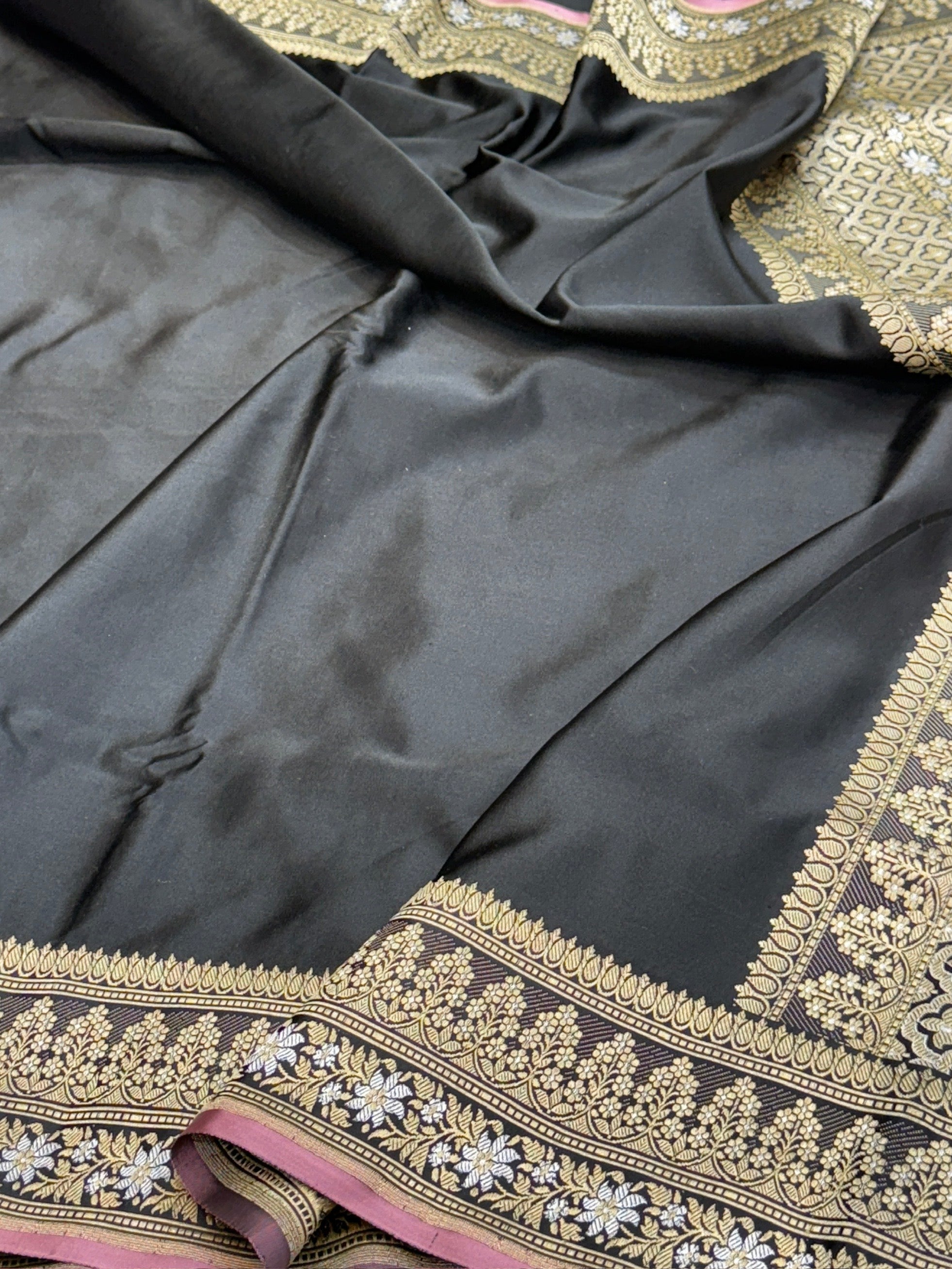 Black Handwoven Banarasi Pure Mashru Satin Silk Saree | Pure Satin Silk | Kadwa Weave | Handloom Banarasi Saree