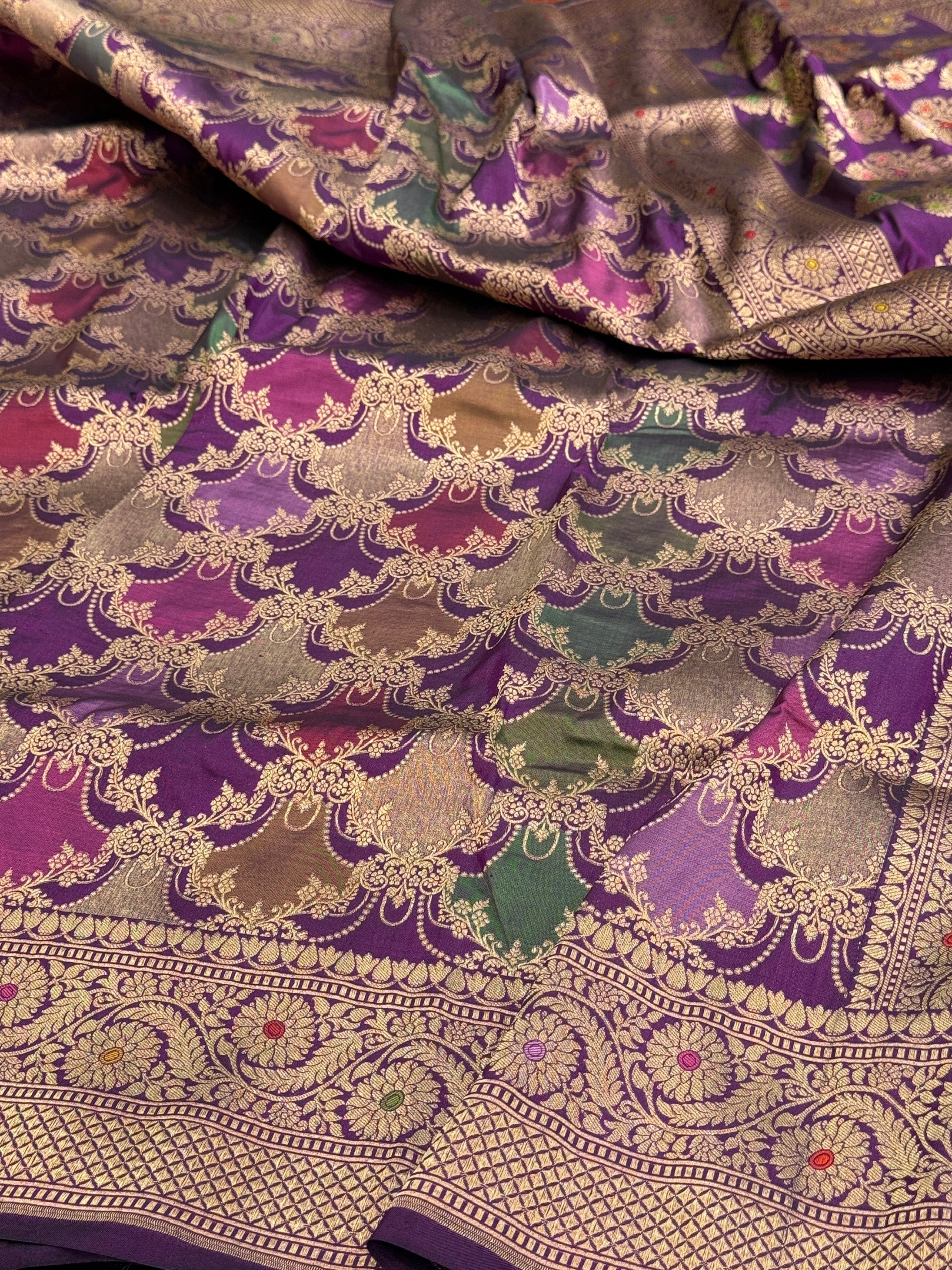 Multicolour Banarasi Pure Silk Saree – Cutwork Weave in 100% Pure Katan Silk
