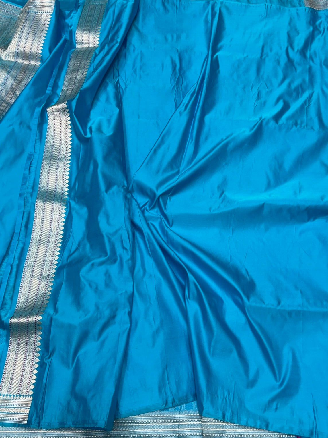 Sea Blue Handwoven Pure Banarasi Satin Tanchoi Silk Saree – Kadwa Weave | Authentic Banaras Handloom