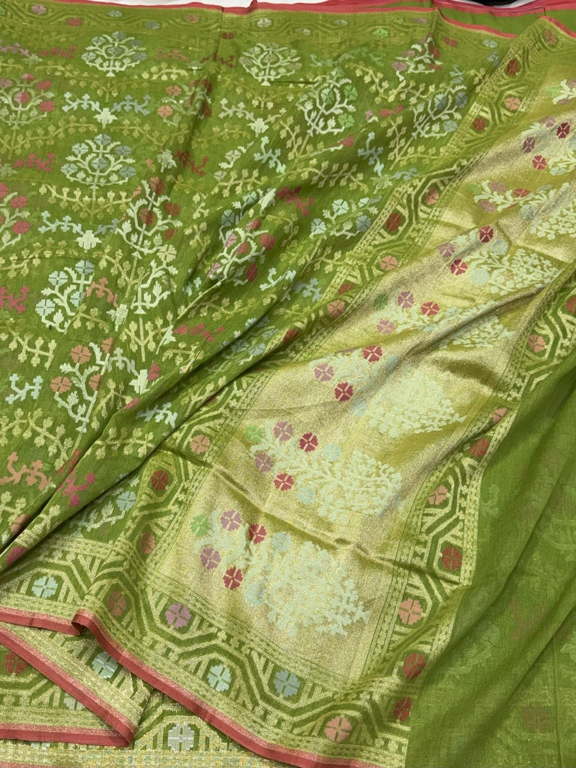 Green Pure Muslin Cotton Jamdani Saree