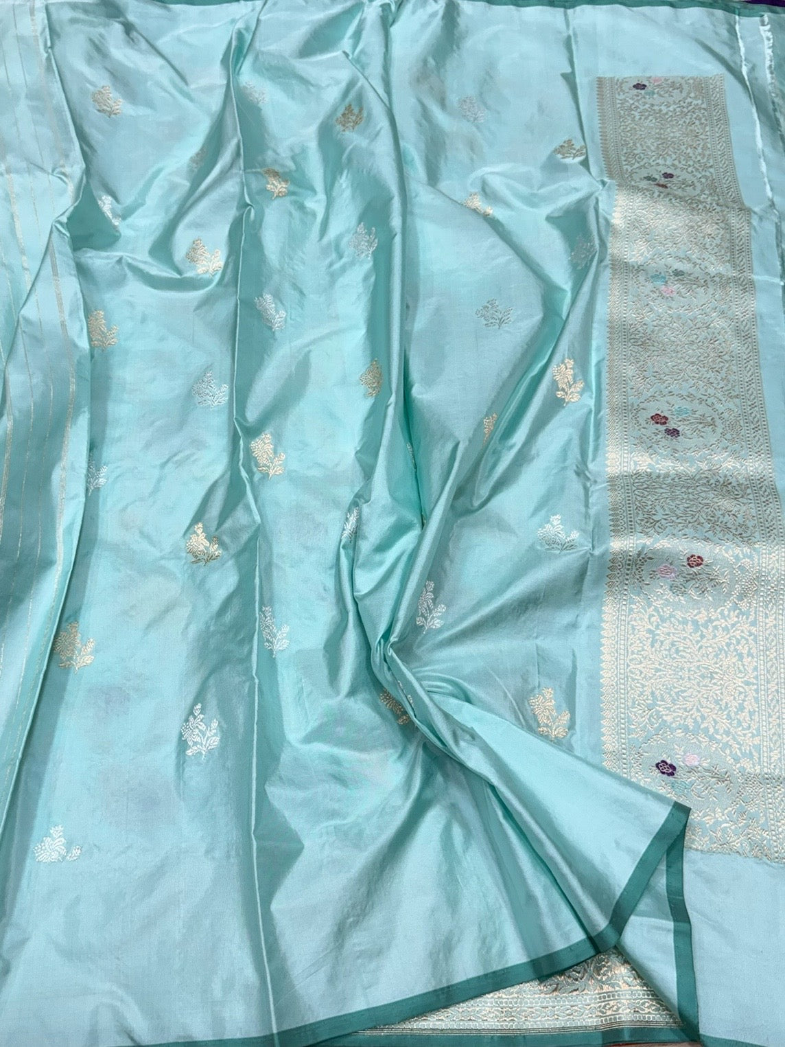 Sky Blue Handwoven Pure Banarasi Silk Saree – Luxury Kadwa Handloom Wedding & Festive Saree