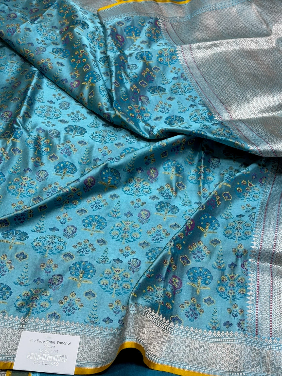 Sky Blue Handwoven Pure Banarasi Satin Tanchoi Silk Saree