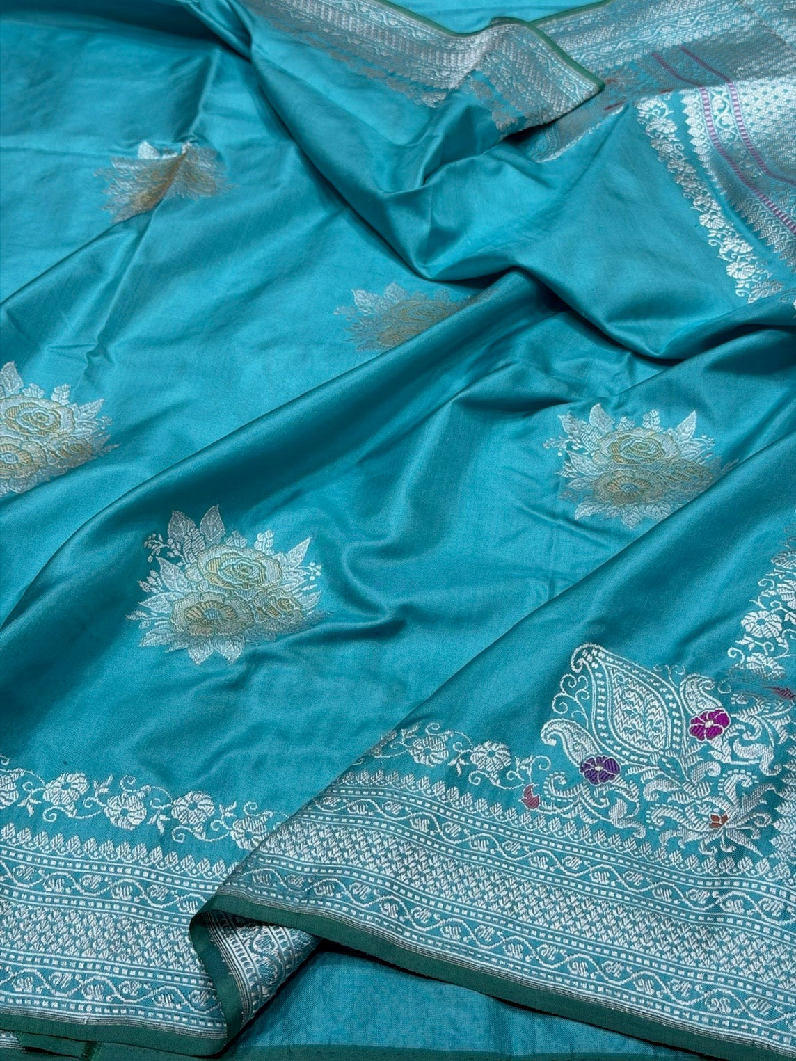 Sea Blue Handwoven Pure Banarasi Ektara Silk Saree