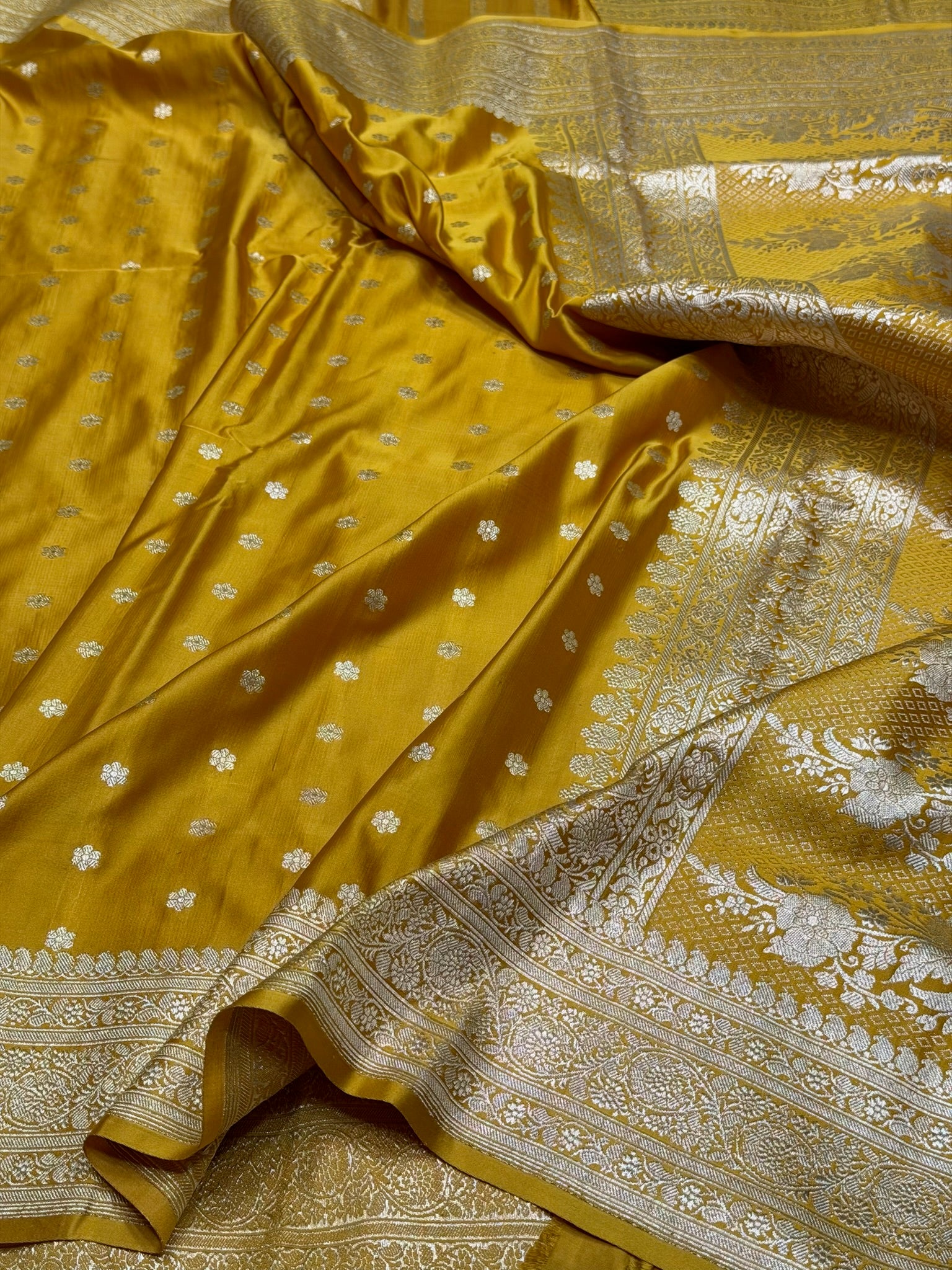 Yellow Handwoven Vintage Pure Banarasi Satin Silk Saree