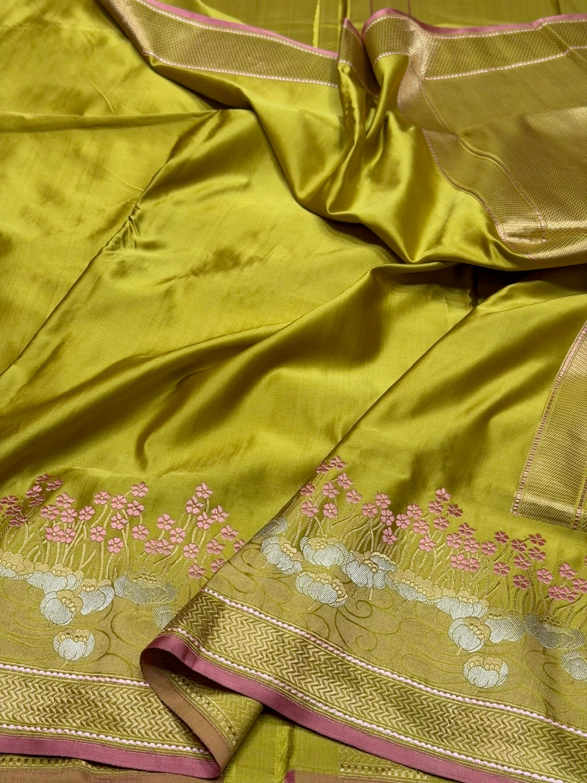 Mehndi Yellow Handwoven Pure Banarasi Satin Silk Saree – Kadwa Weave | 100% Pure Satin Silk | Authentic Banaras Handloom