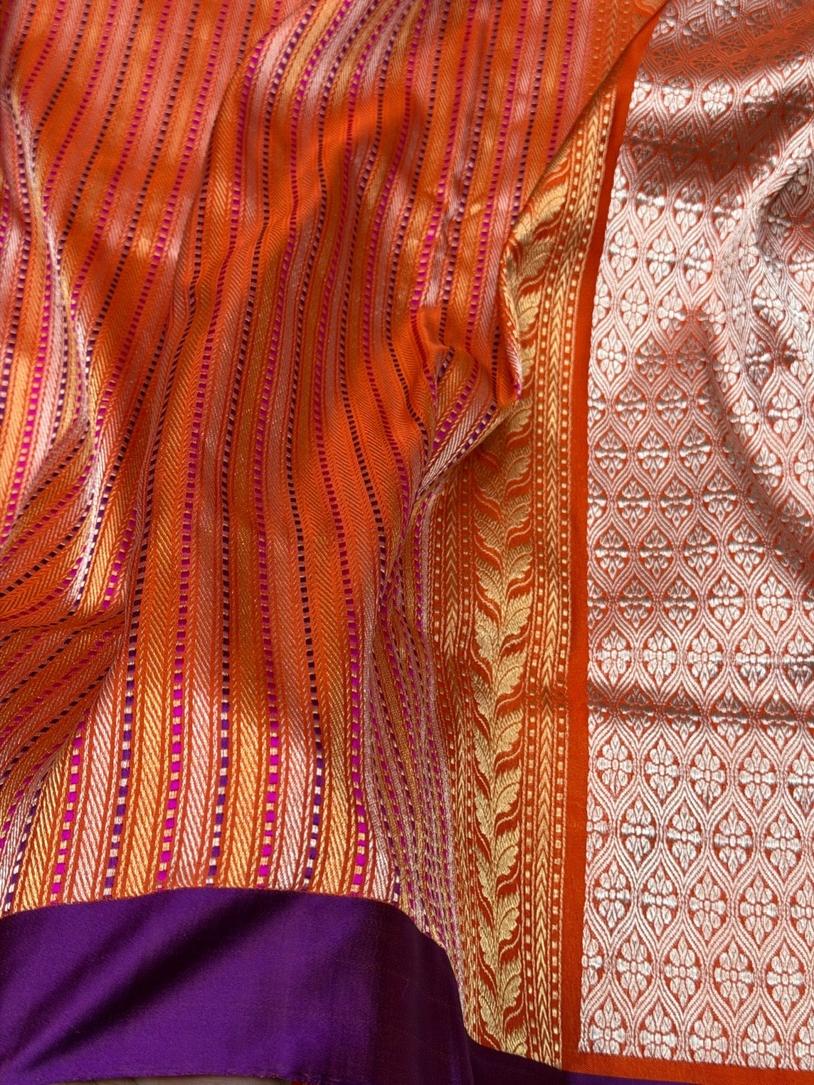 Orange Handwoven Pure Banarasi Ektara Silk Saree with Satin Border – Kadwa Weave | Authentic Banaras Handloom