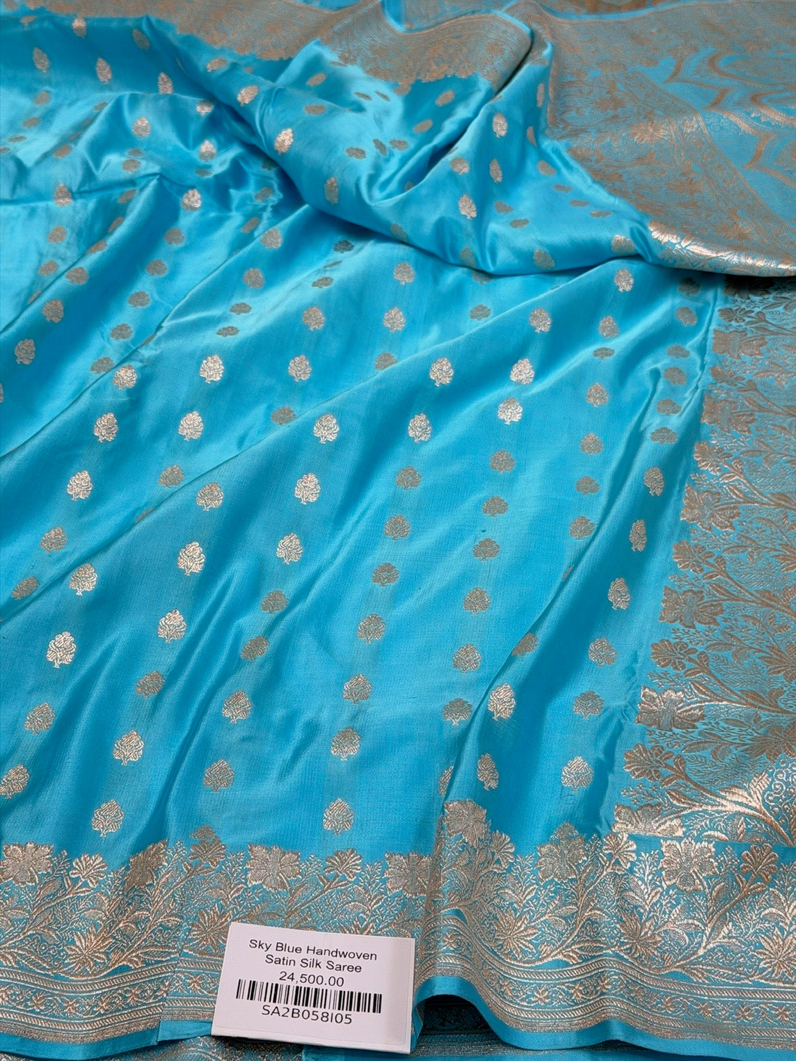 Sky Blue Handwoven Vintage Pure Banarasi Satin Silk Saree