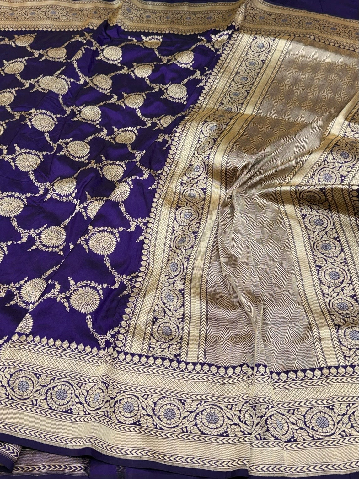 Purple Handwoven Pure Banarasi Silk Saree – Kadwa Weave in 100% Katan Mulberry Silk
