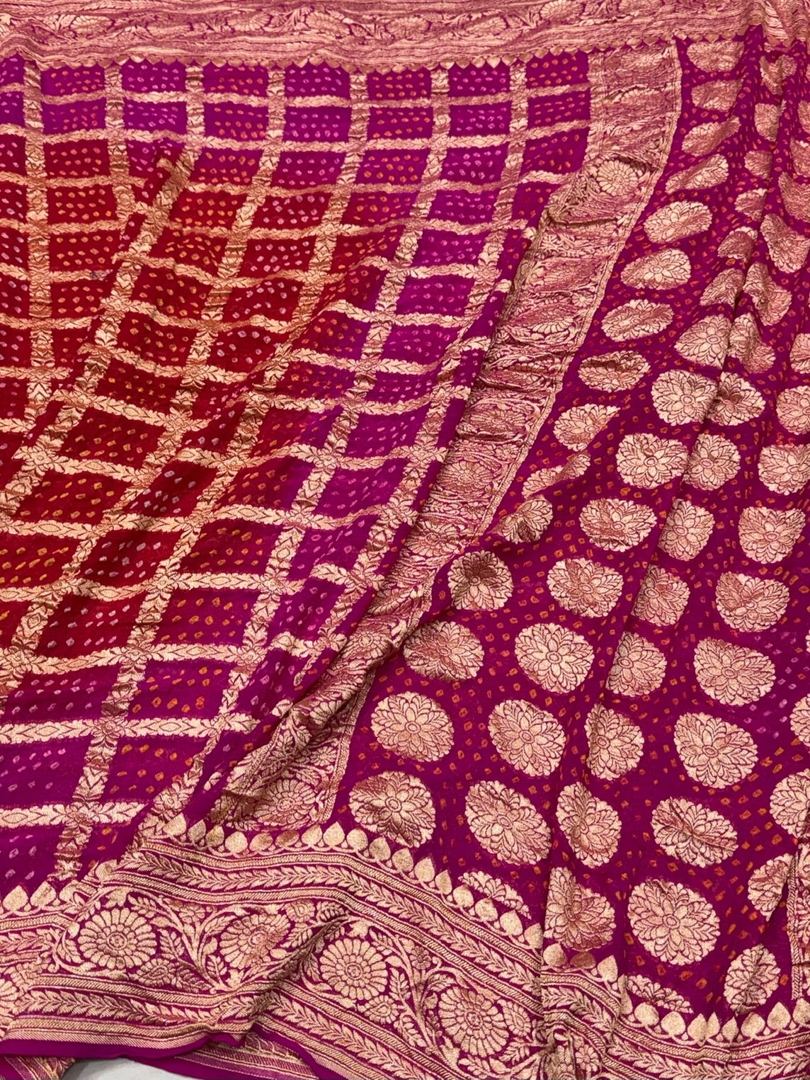 Rani Pink Banarasi Pure Bandhej Georgette Saree – Luxury Cutwork Brocade Festive Saree