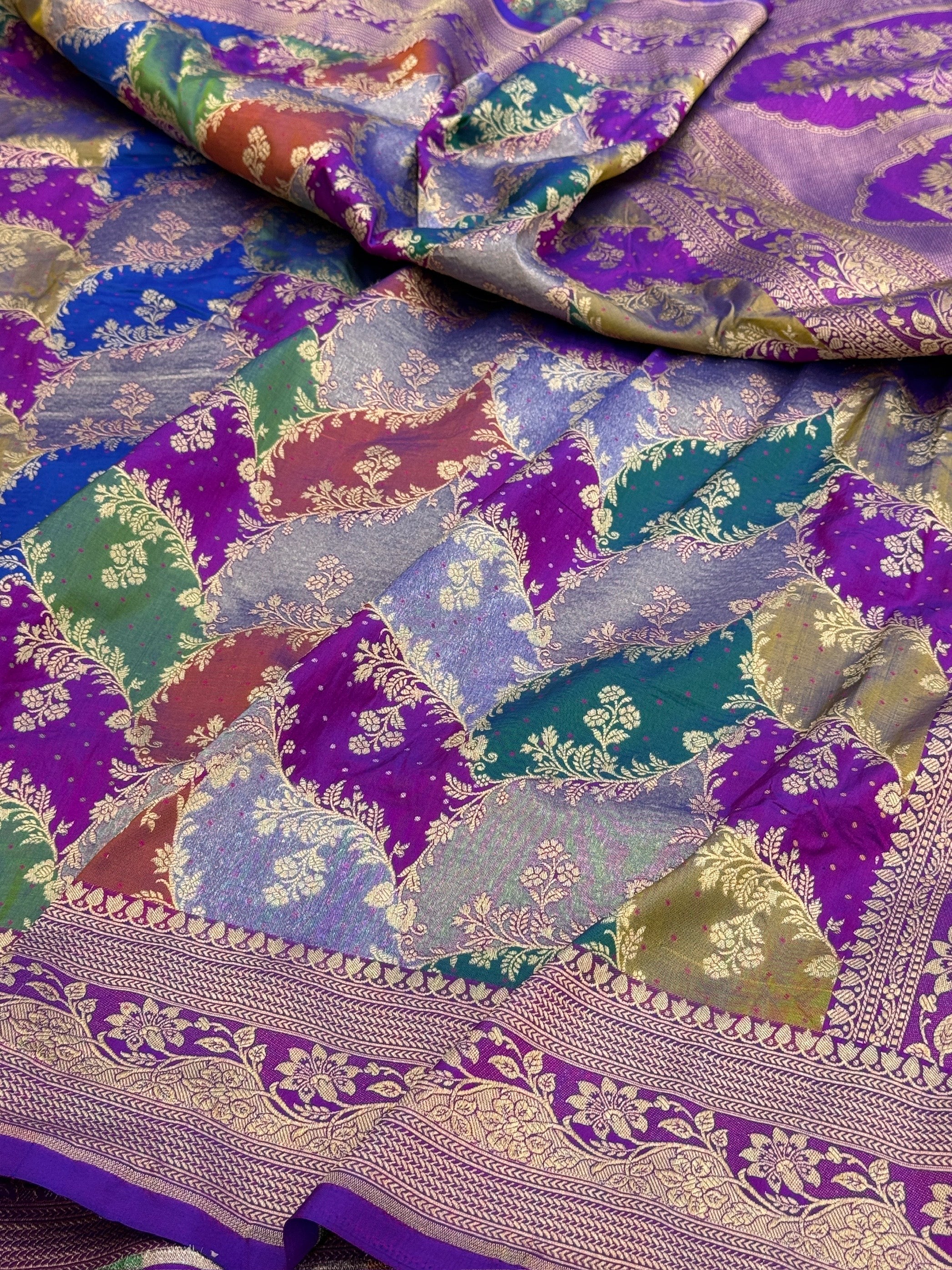 Multicolour Banarasi Pure Silk Saree – Cutwork Weave in 100% Pure Katan Silk