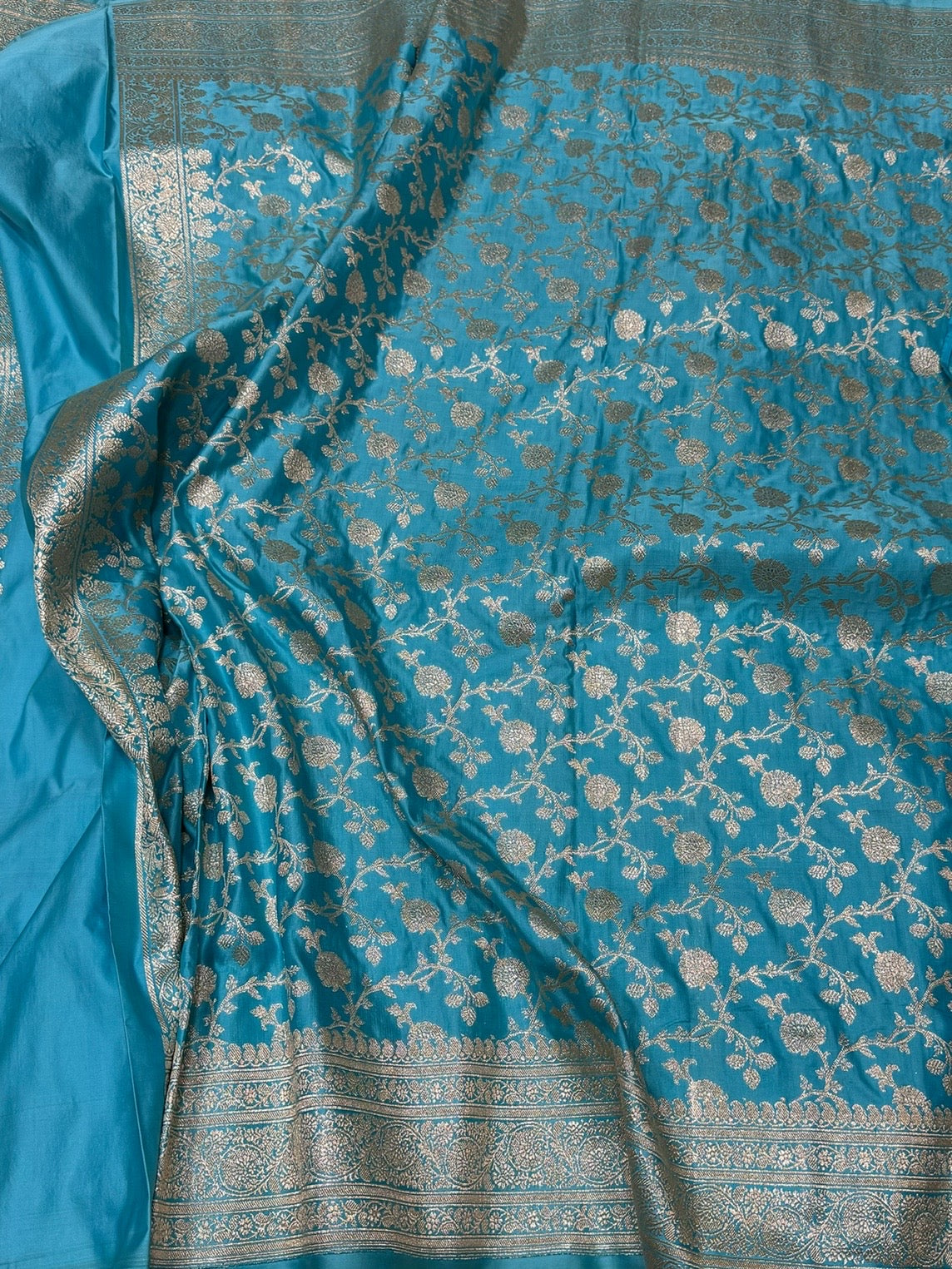 Sky Blue Handwoven Vintage Pure Banarasi Satin Silk Saree
